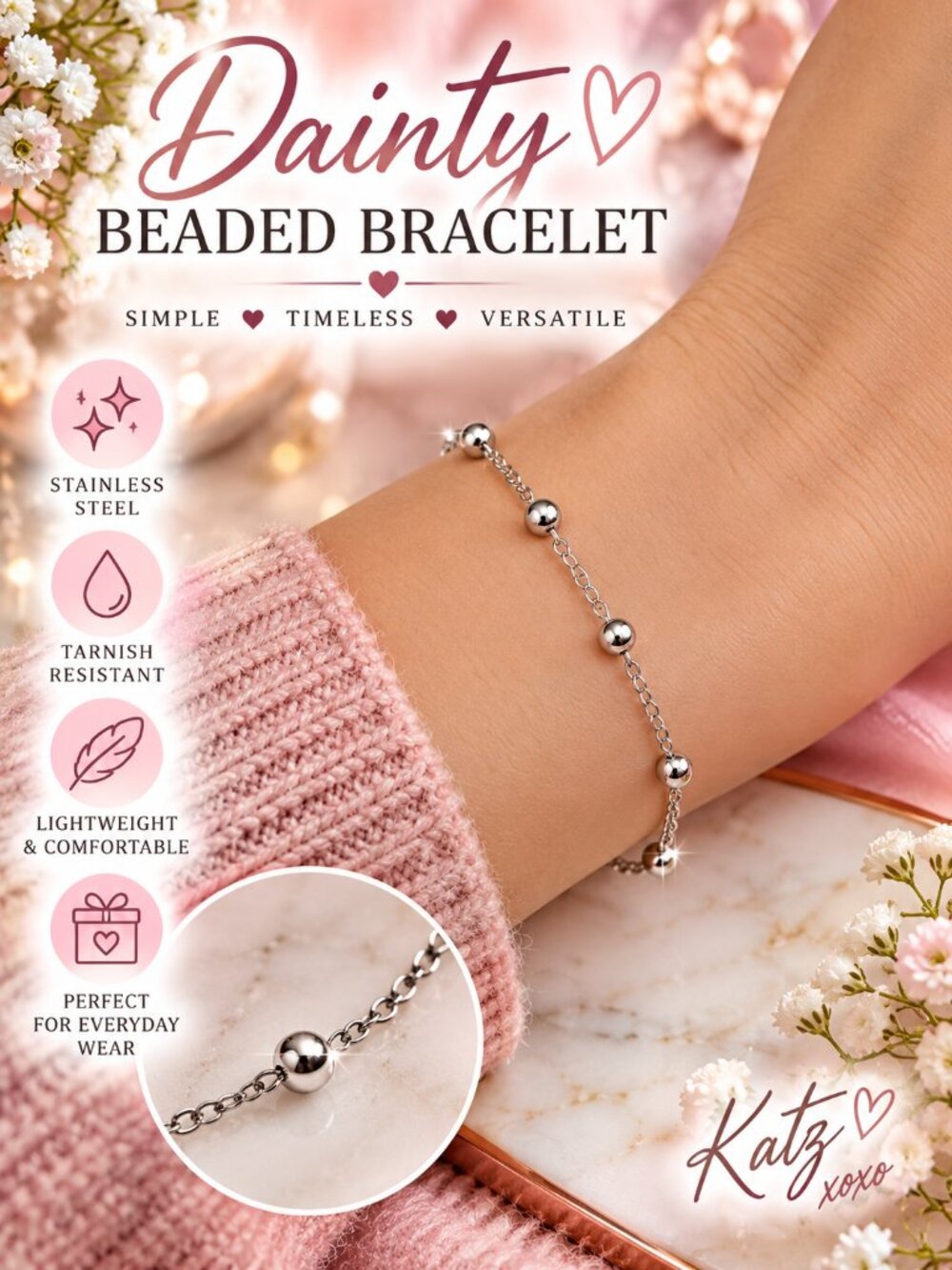 Silver Stainless Steel Beaded Bracelet Dainty 5 Ball Adjustable Chain Minimalist